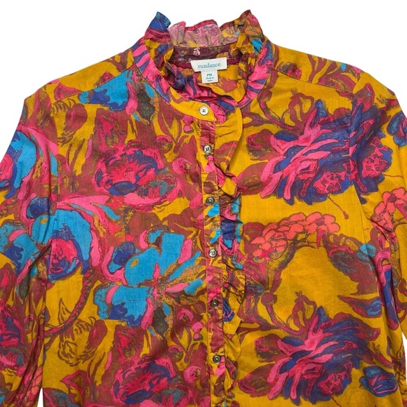 Sundance Multicolored Floral Button Up Ruffle Cotton Blouse SZ Petite M - Picture 3 of 11